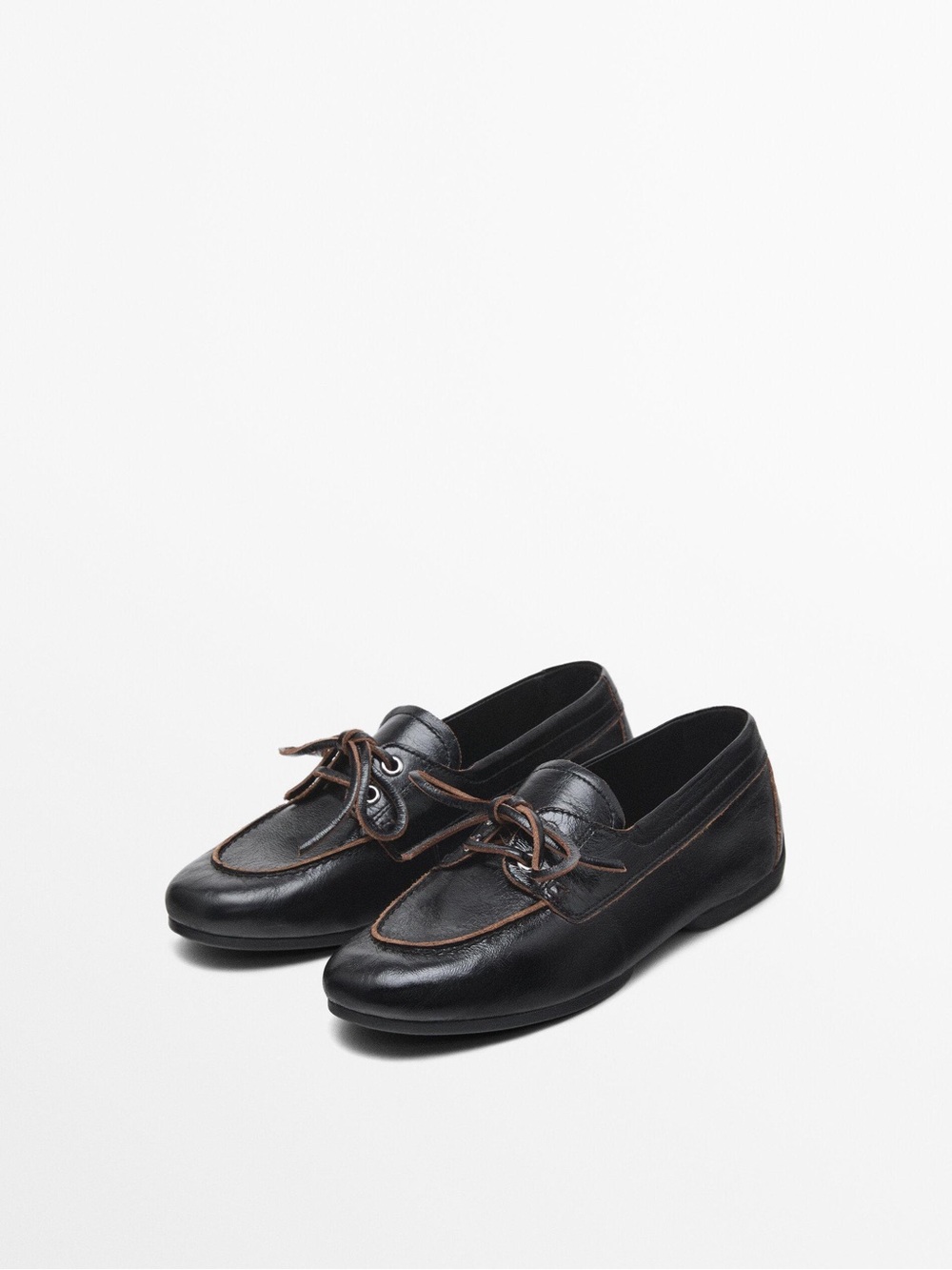 Massimo Dutti Black Leather Loafers with Brown Trim